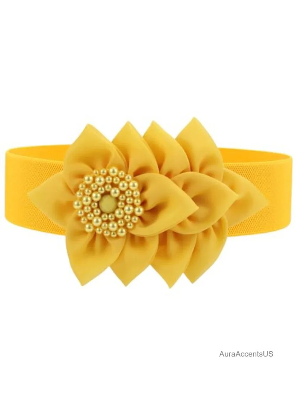 Wide Elastic Stretch Belt with Flower Pearl Decor Snap Closure